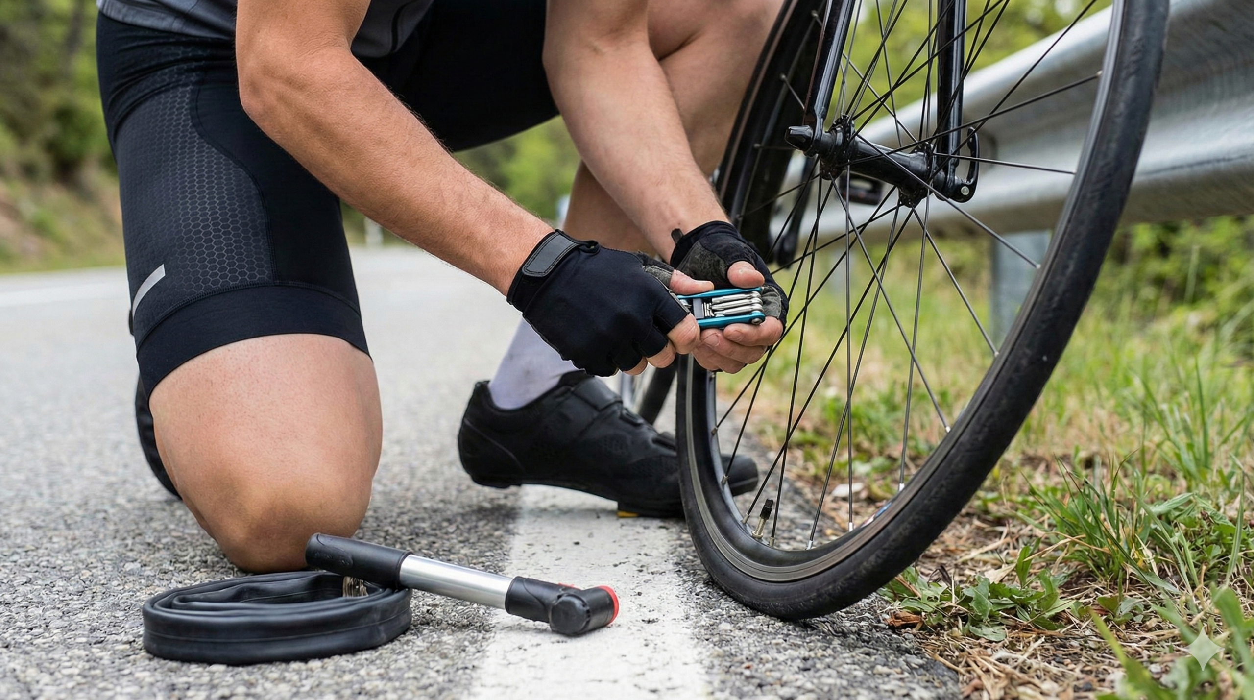 A cyclist using a multi-tool and mini-pump to repair a flat tire on the roadside, showcasing essential maintenance bicycle accessories.