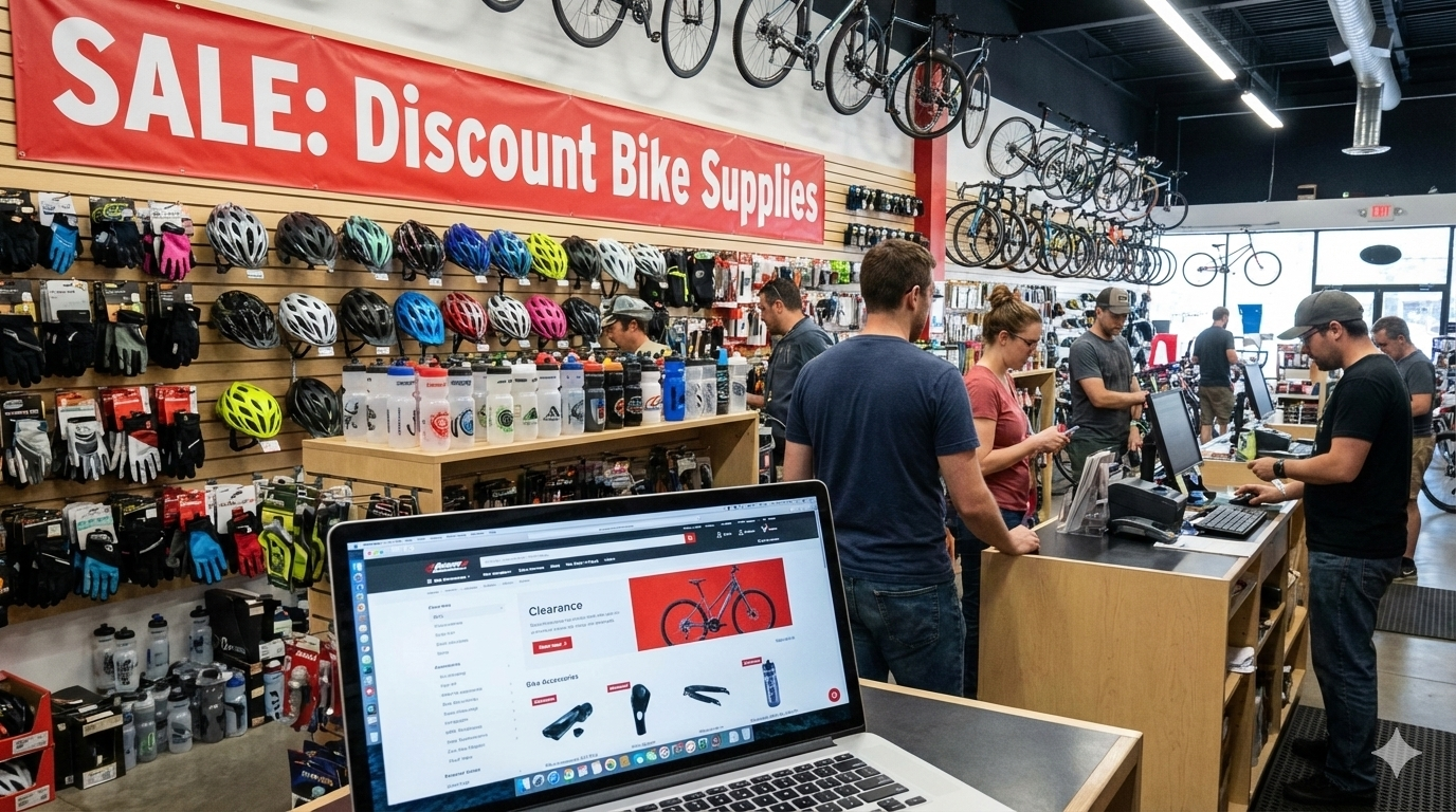Inside a bike shop with a large 'SALE: Discount Bike Supplies' banner and a laptop showing an online clearance section for bicycle accessories.