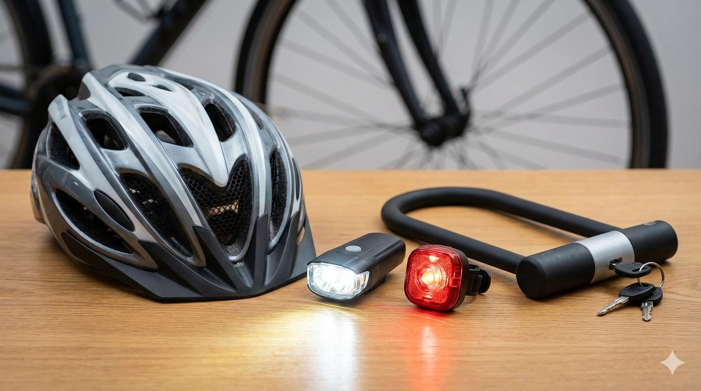 Essential safety bicycle accessories including a helmet, front and rear lights, and a U-lock on a table.